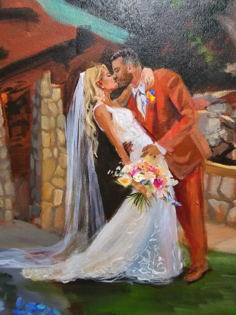 Painting of a bride and groom kissing, with the bride in a white dress and the groom in a brown suit, holding a bouquet, set against a stone wall background.