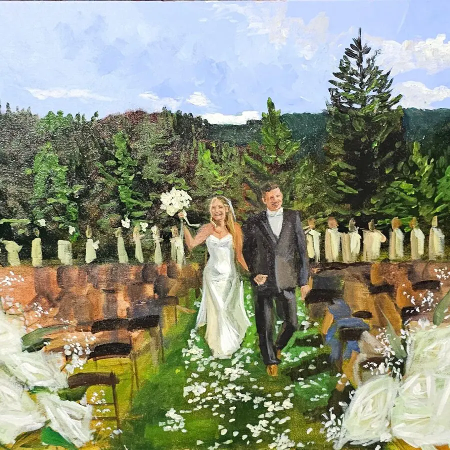 A painting of a wedding couple walking down an outdoor aisle, surrounded by rows of empty chairs and trees in the background.