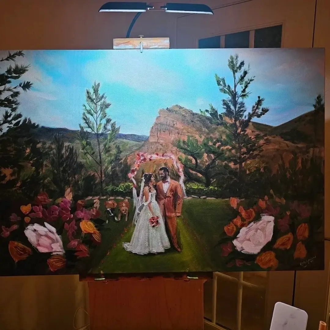 A painting of two people in front of a mountain.