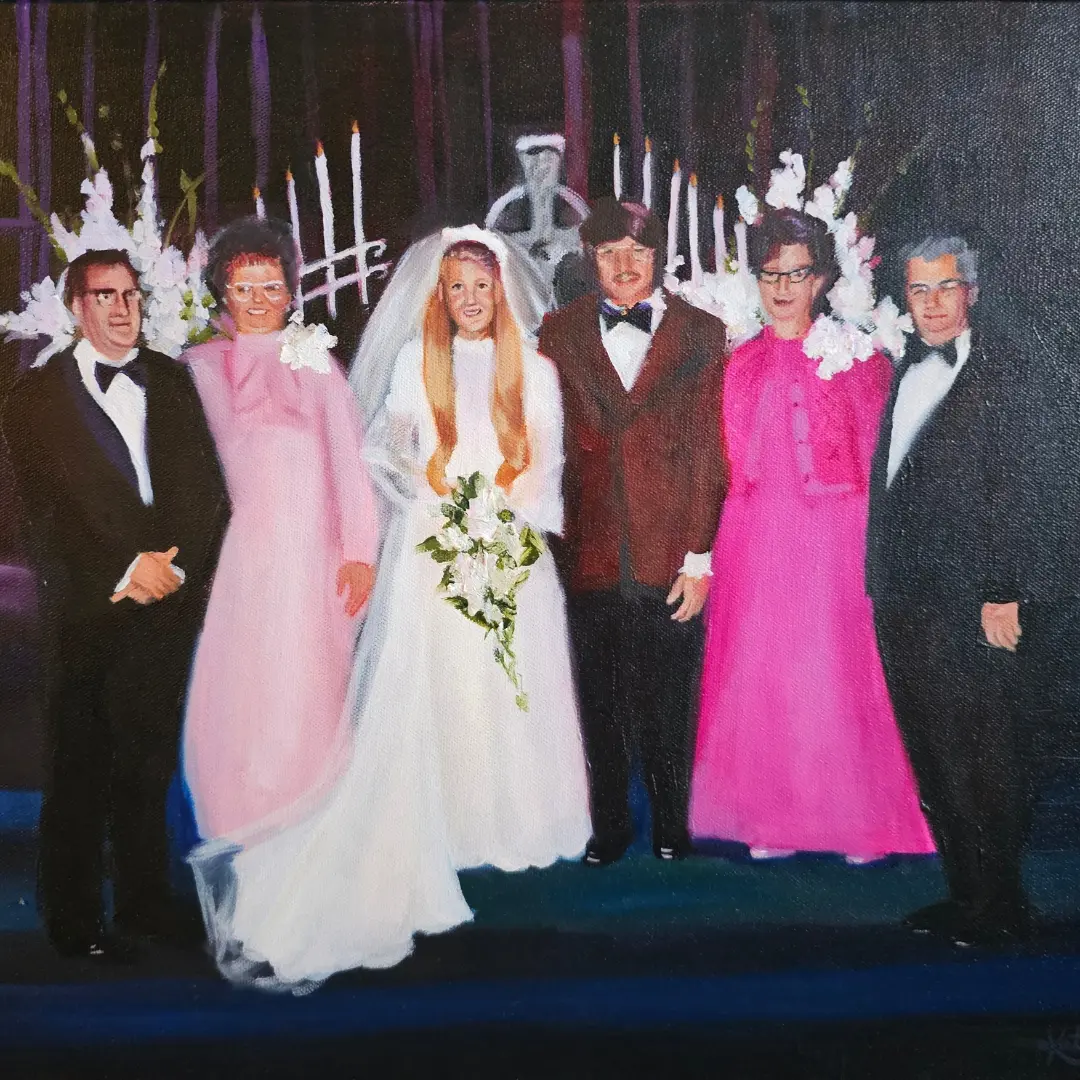 A painting of a group of people in formal wear.