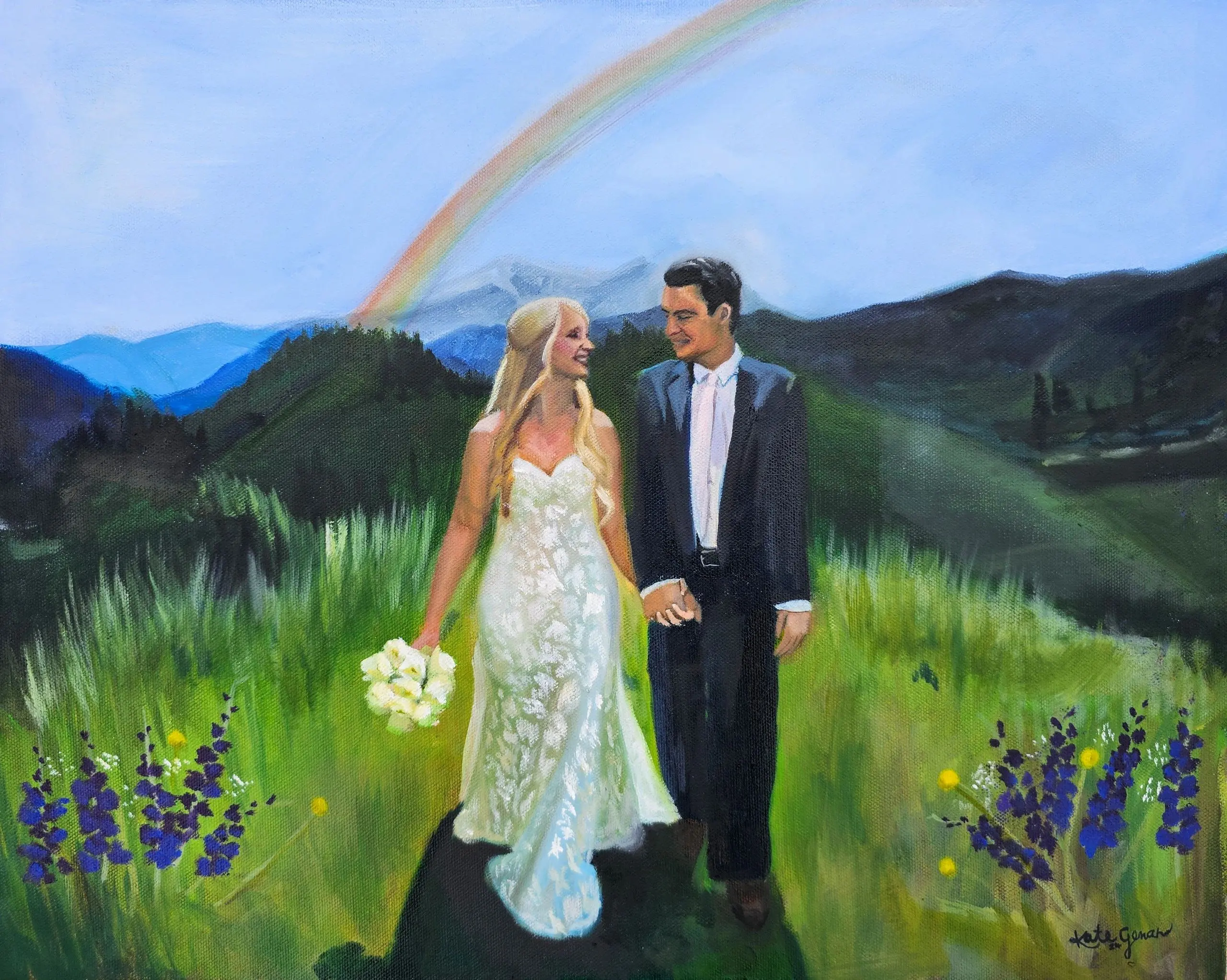 A painting of a bride and groom in the mountains