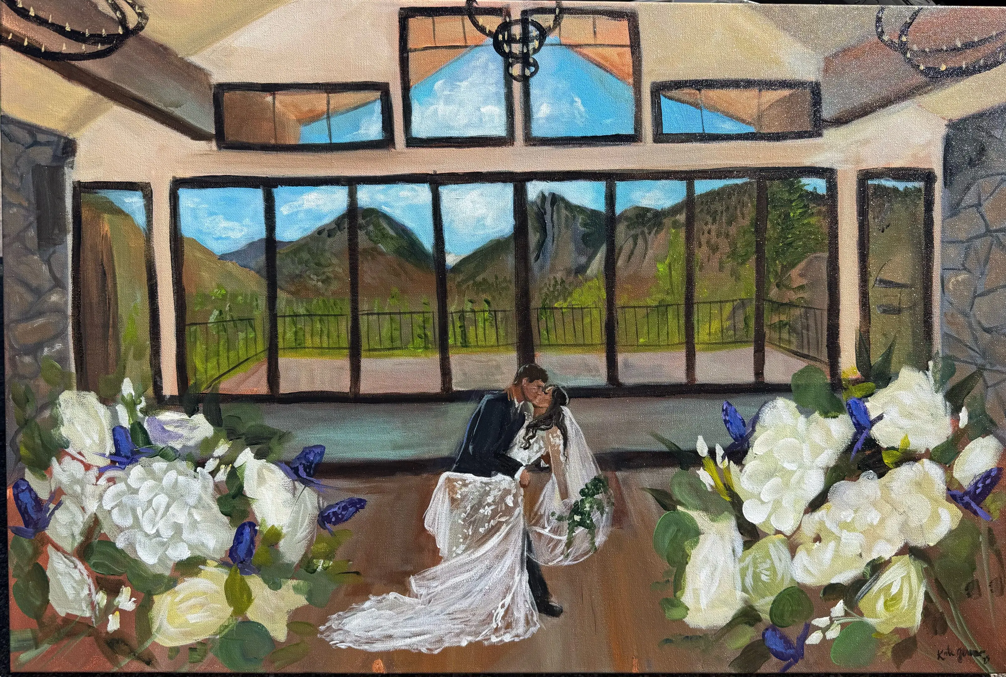 A painting of two people sitting in front of a window
