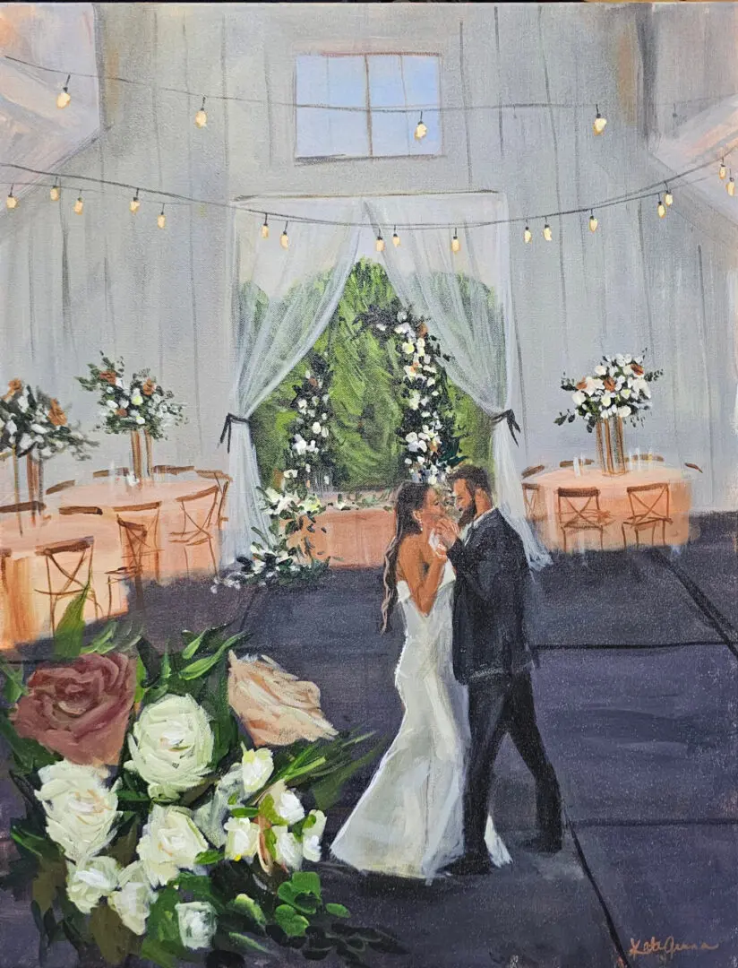A painting of a bride and groom's first dance at a rustic barn wedding.