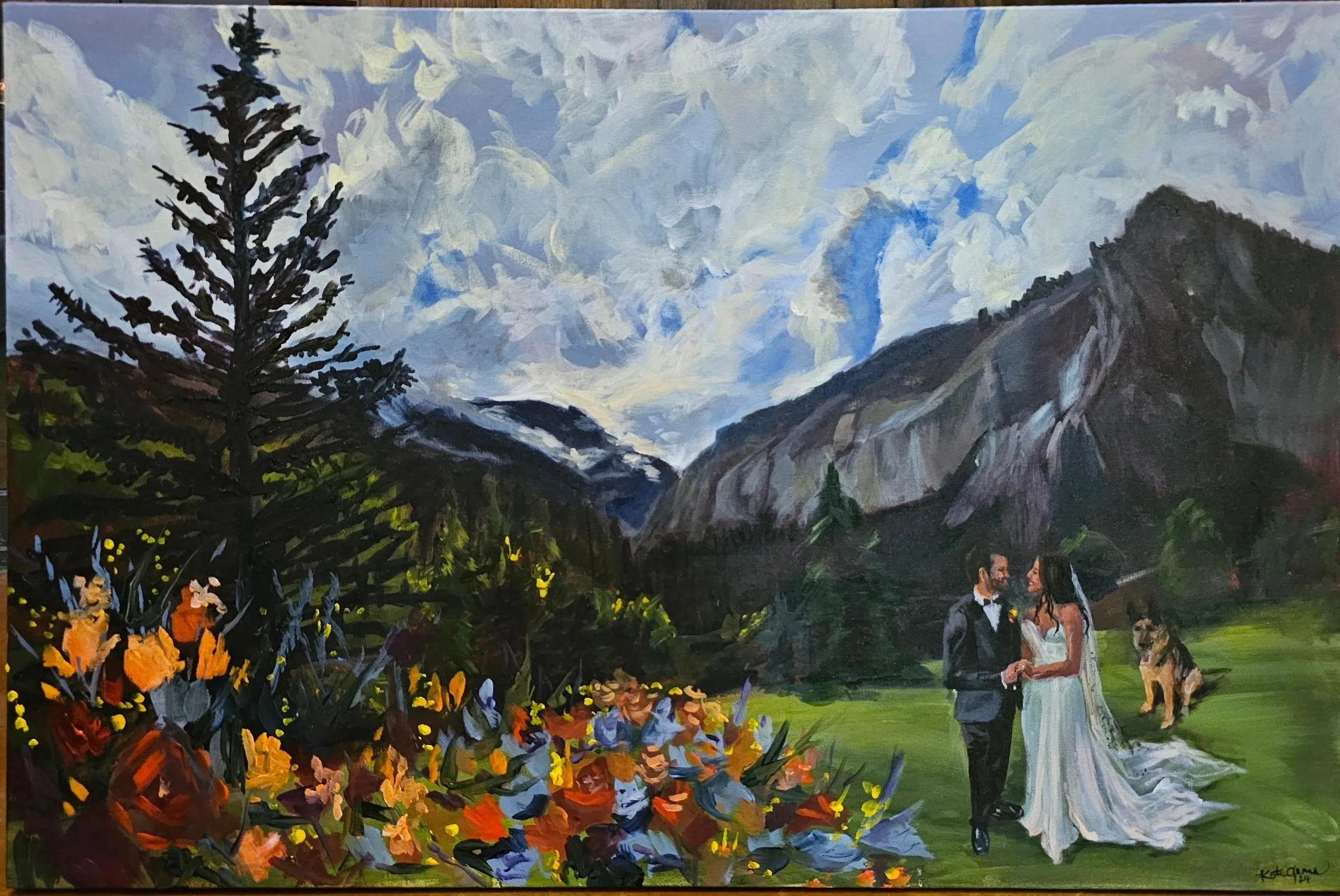 A painting of two people standing in front of mountains