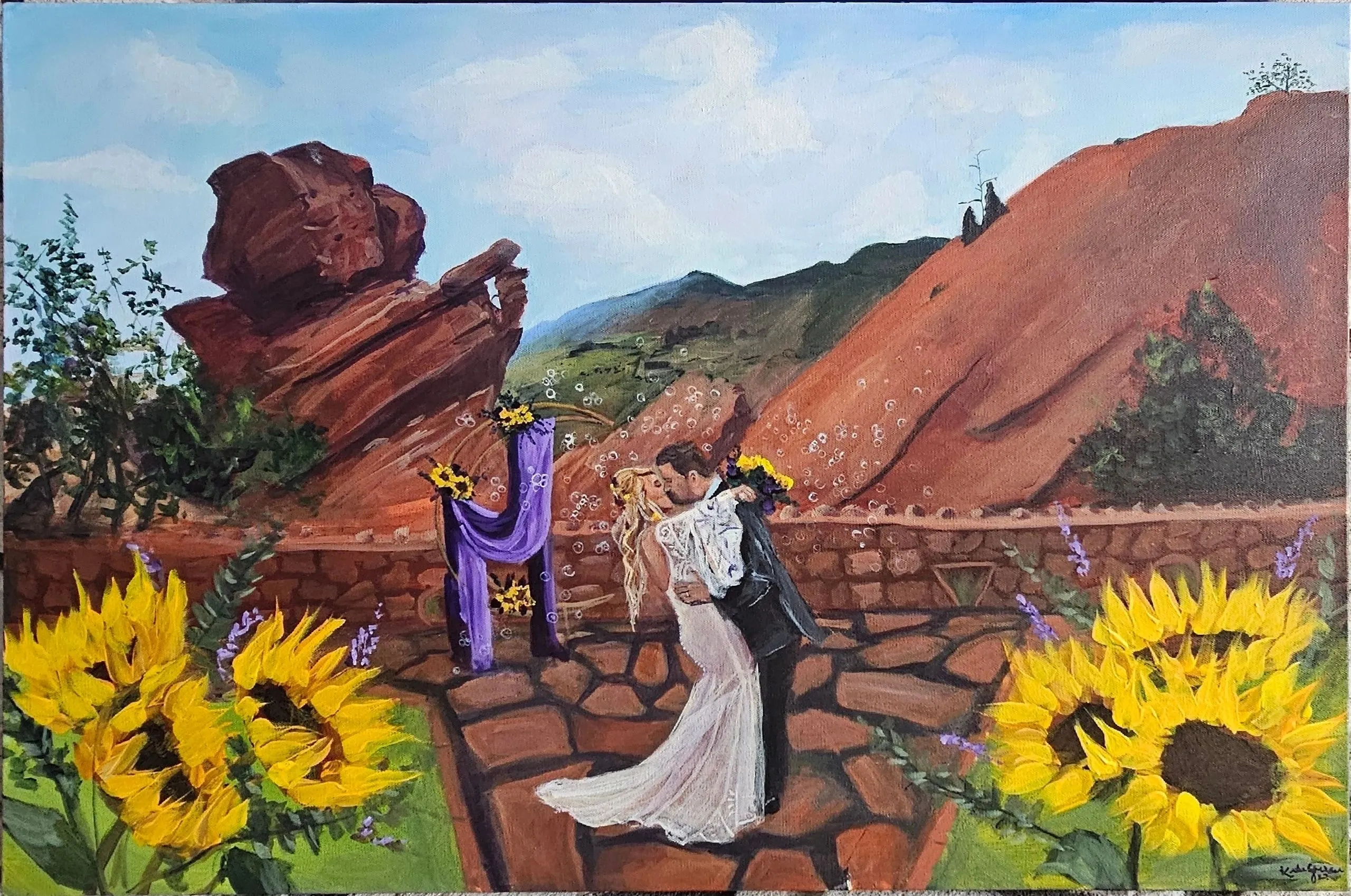 A painting of a bride and groom kissing in front of the mountains.