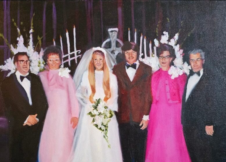 Commissioned wedding painting created from a couple’s wedding photo and given as an anniversary gift painted by The Wedding Palette by Kate.