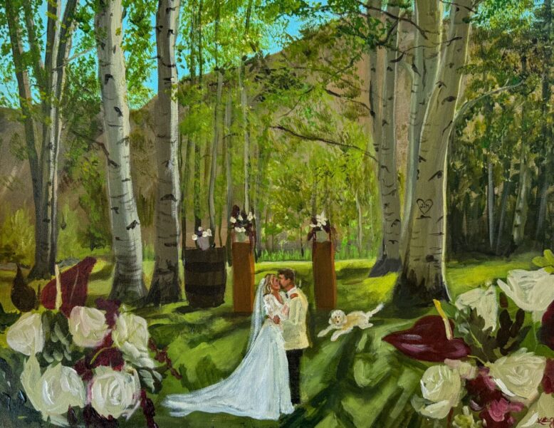 Live wedding painting of a bride and groom kissing in a Colorado aspen tree grove during an outdoor mountain ceremony.