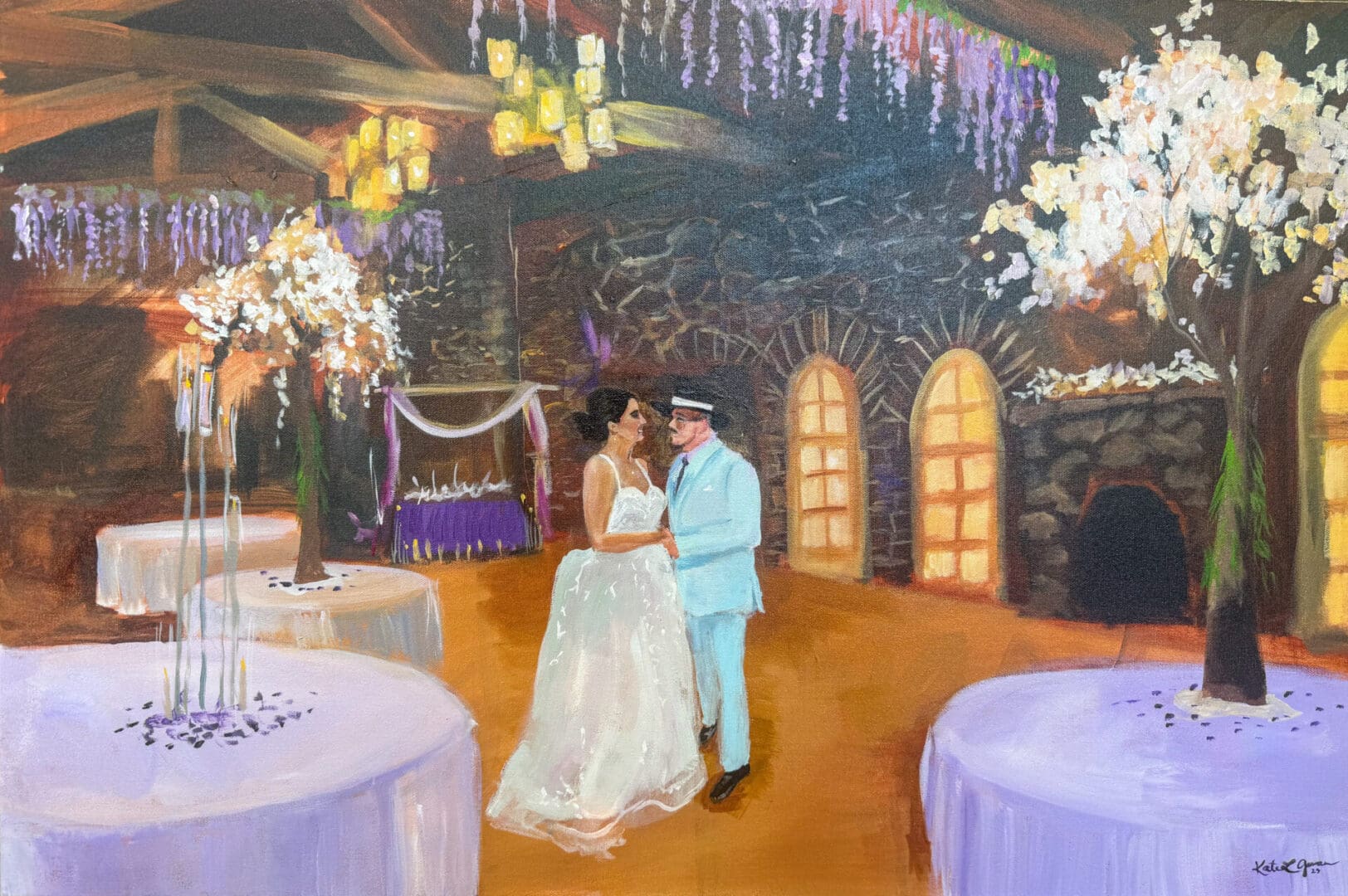 Live wedding painting of a bride in a white gown and a groom in a light blue suit sharing a first dance in an elegant ballroom filled with purple decor and warm chandelier lighting.