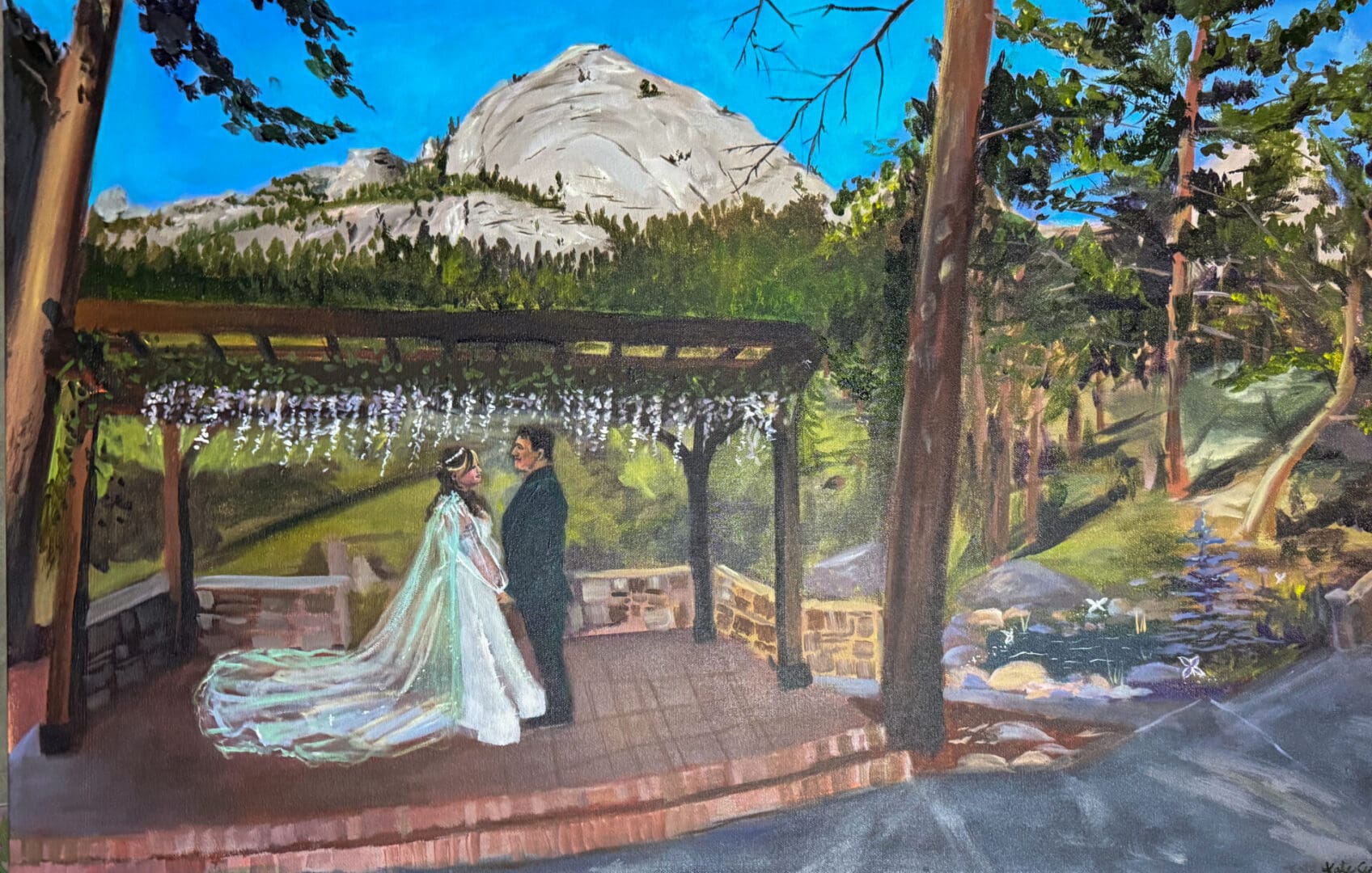 Live wedding painting of a bride with a cathedral veil and groom looking at each other under a wooden pergola at Della Terra Mountain Chateau in Estes Park with MacGregor Mountain in the background.