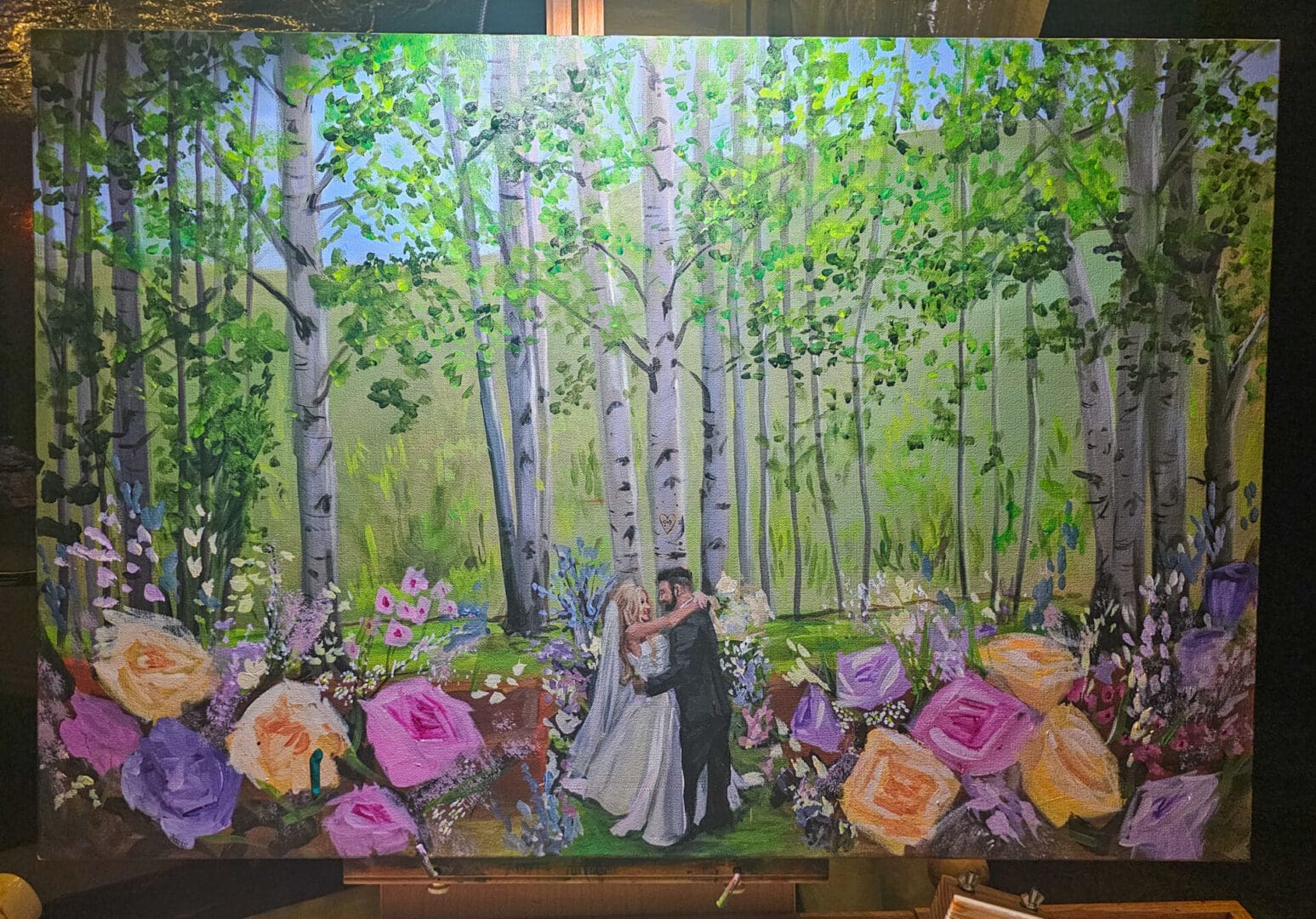 Impressionist wedding painting of a bride and groom in a Salida, Colorado aspen forest.